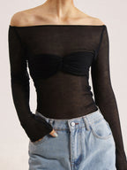 Semi-Sheer Off-Shoulder Mesh Long Sleeve Shirt