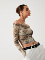 Semi-Sheer Tulle Mesh Off Shoulder Long Sleeve Crop Top