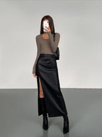 Side Split PU Leather Midi Skirt