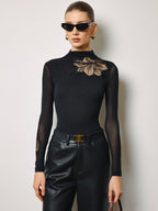 Semi-Sheer Mesh-Floral Slim Jersey Top