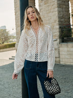 Semi-Sheer Embroidery Hollow-Out Detail Top
