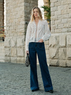 Semi-Sheer Embroidery Hollow-Out Detail Top