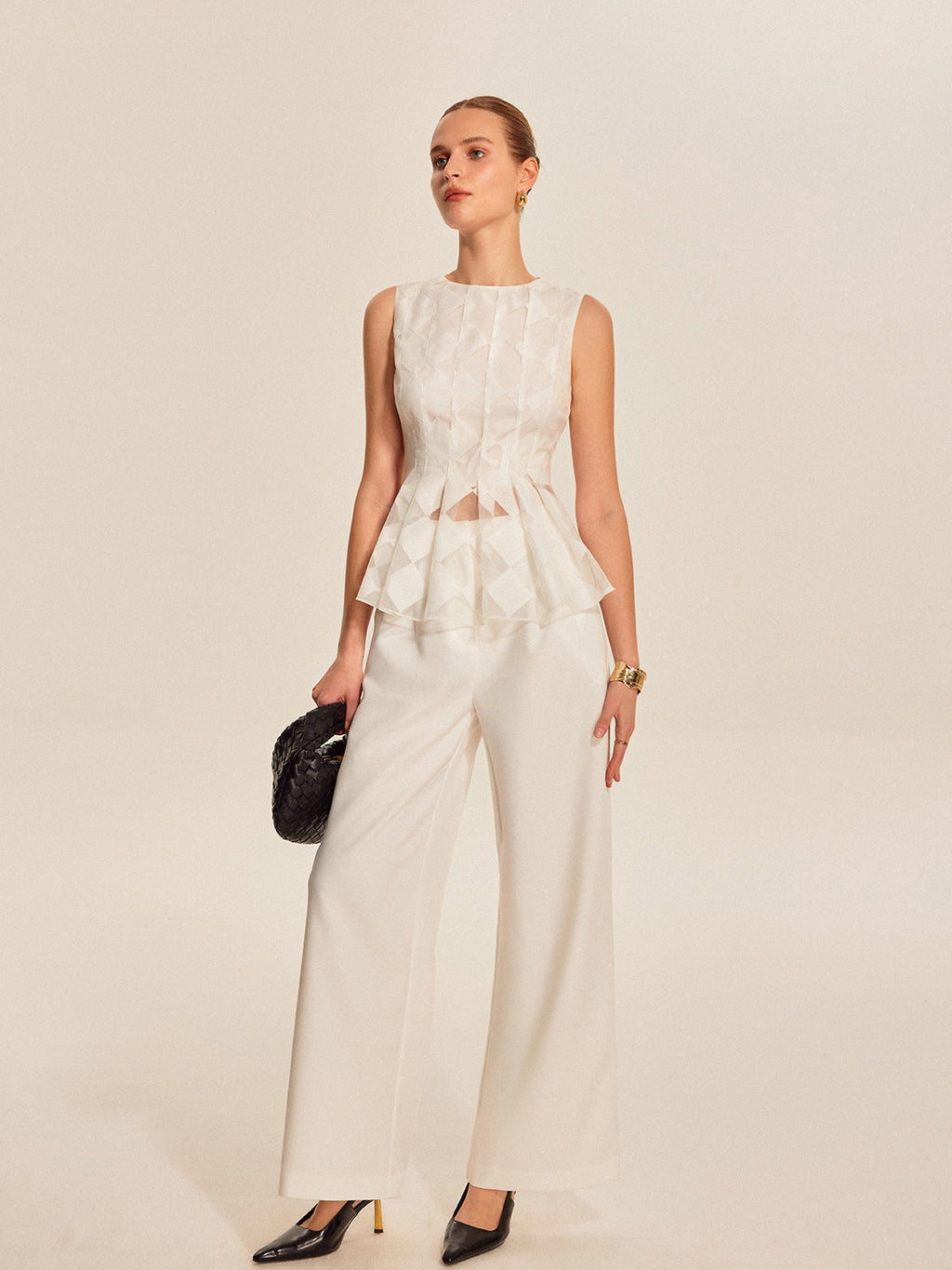 Semi-Sheer Geometric Peplum Top