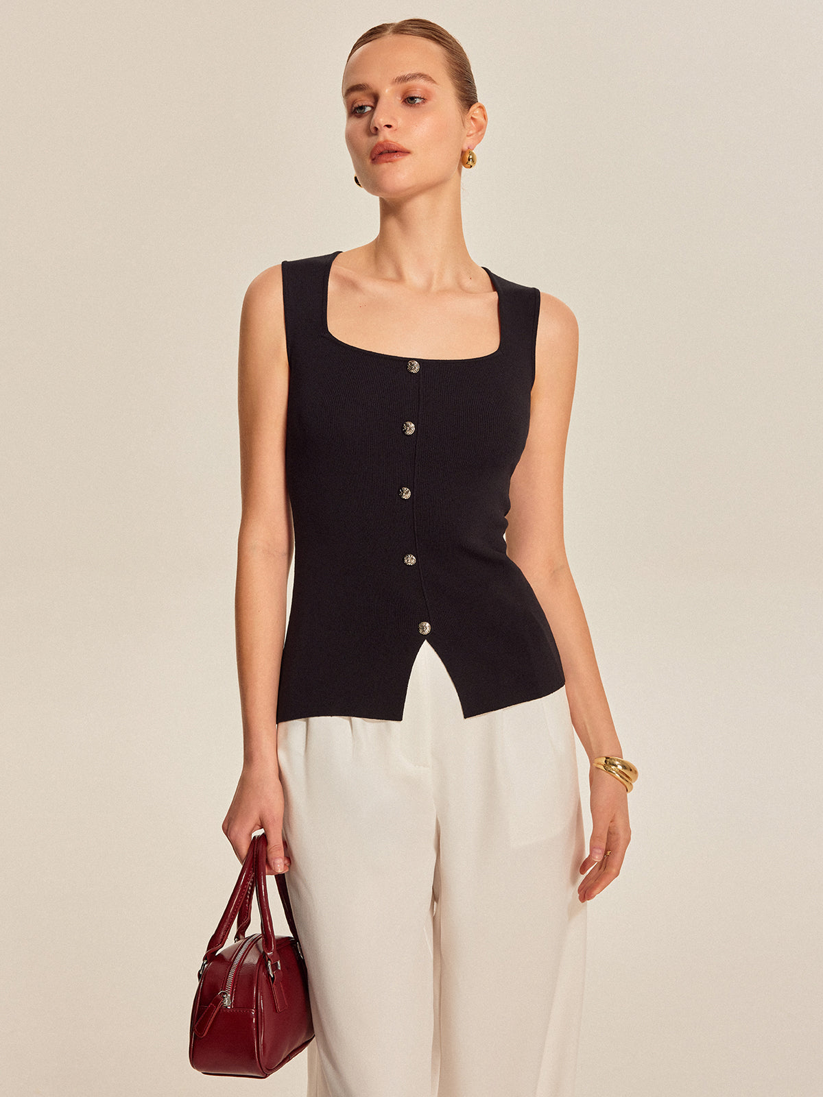 Button Front Square Neck Top