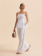 Cotton Pleated Strapless Peplum Top