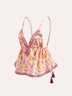 Embroidered Boho Tassel Tie Cami Top