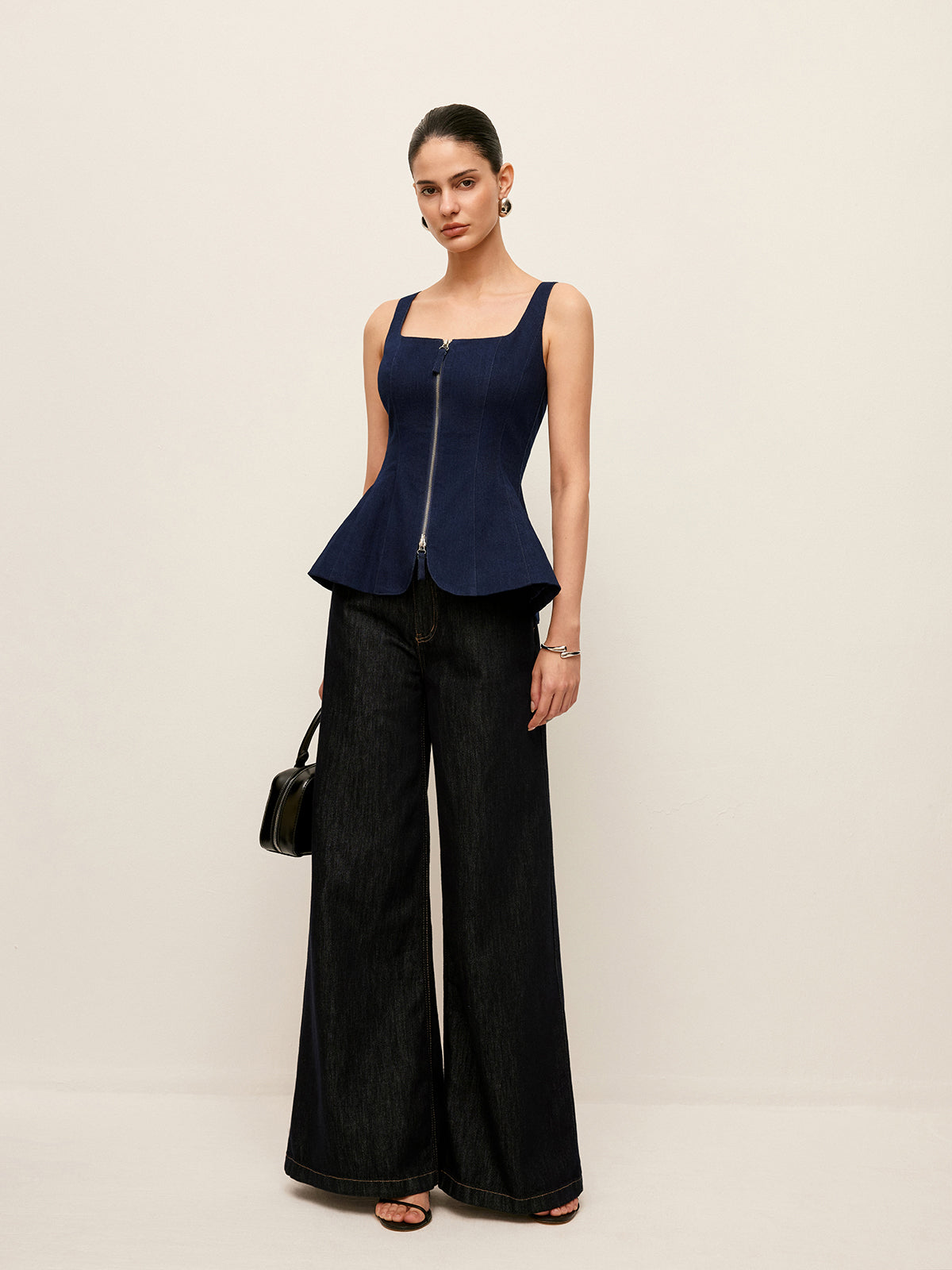 Zip-Front Denim Peplum Top