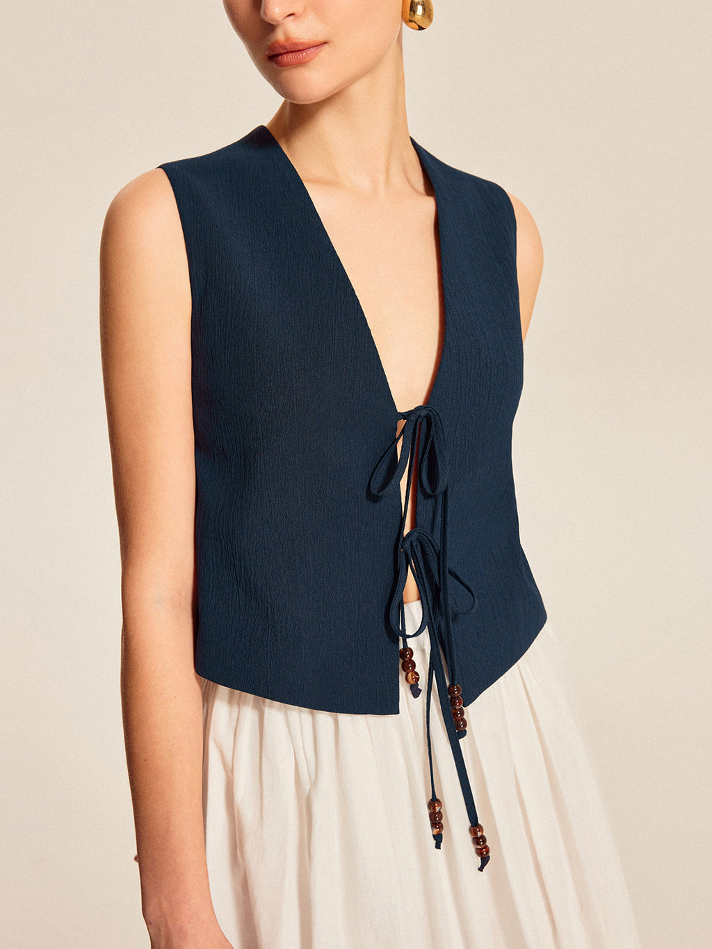 Tie Front Beaded Sleeveless Top