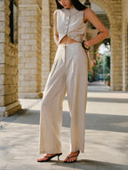 Linen Blend Mid-Waist Pants With Pockets