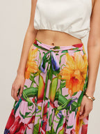 Semi-Sheer Floral Print Belted Chiffon Skirt