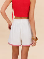 Cotton & Linen Floral Embroidered Shorts With Drawstring Waist