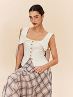 Cotton & Linen Scalloped Collar Buttoned Top