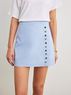 Linen & Cotton Mid-Waist  Asymmetrical Decor Button Zipper Skirt