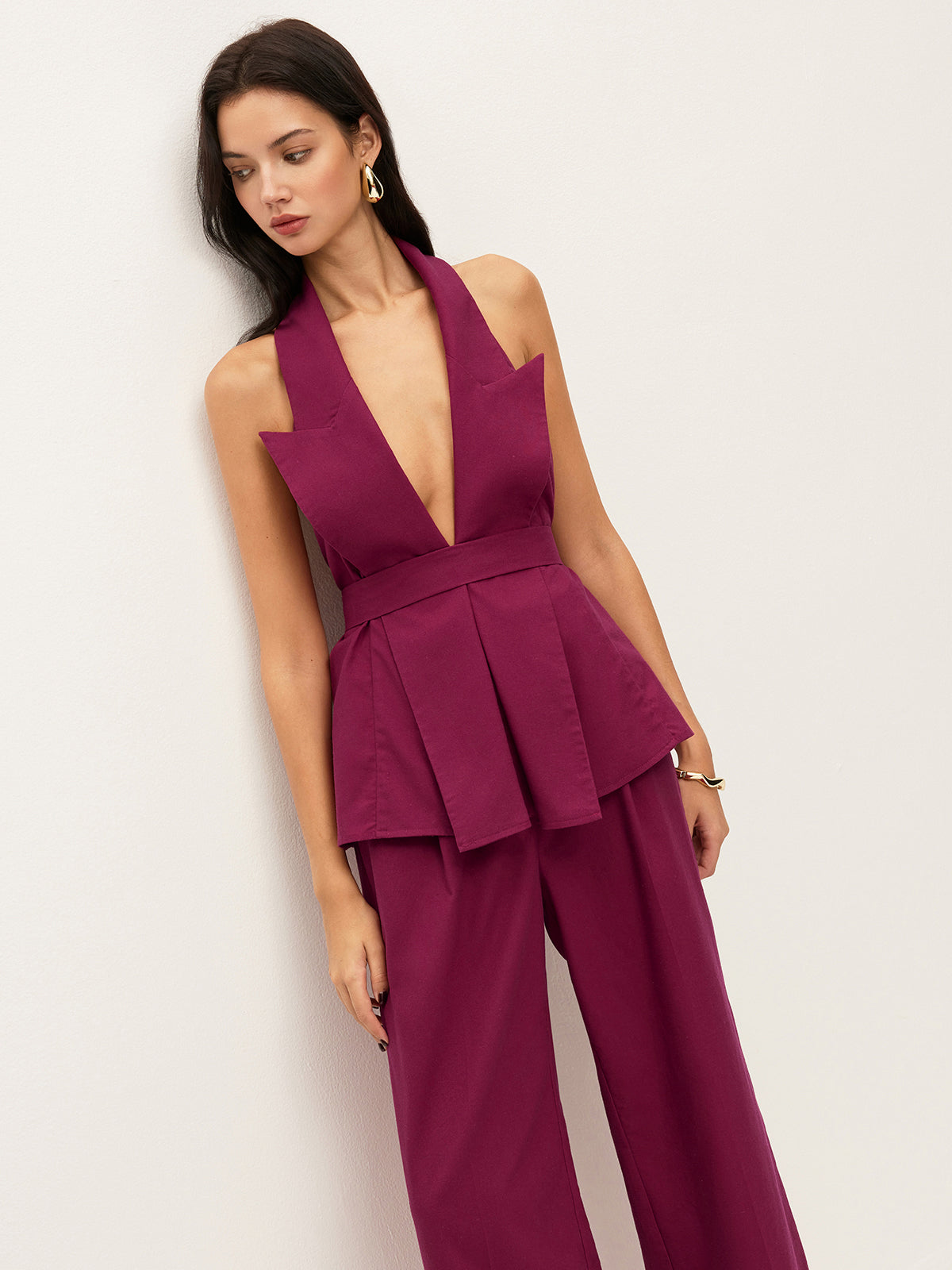 Halter Neck Belted Pocketed Pants Set