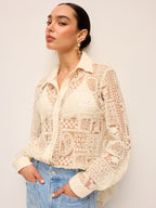 Long-Sleeve Lace Polo Collar Cotton-Blend Shirt