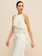 Semi-Sheer Layered Asymmetric Halter Chiffon Top