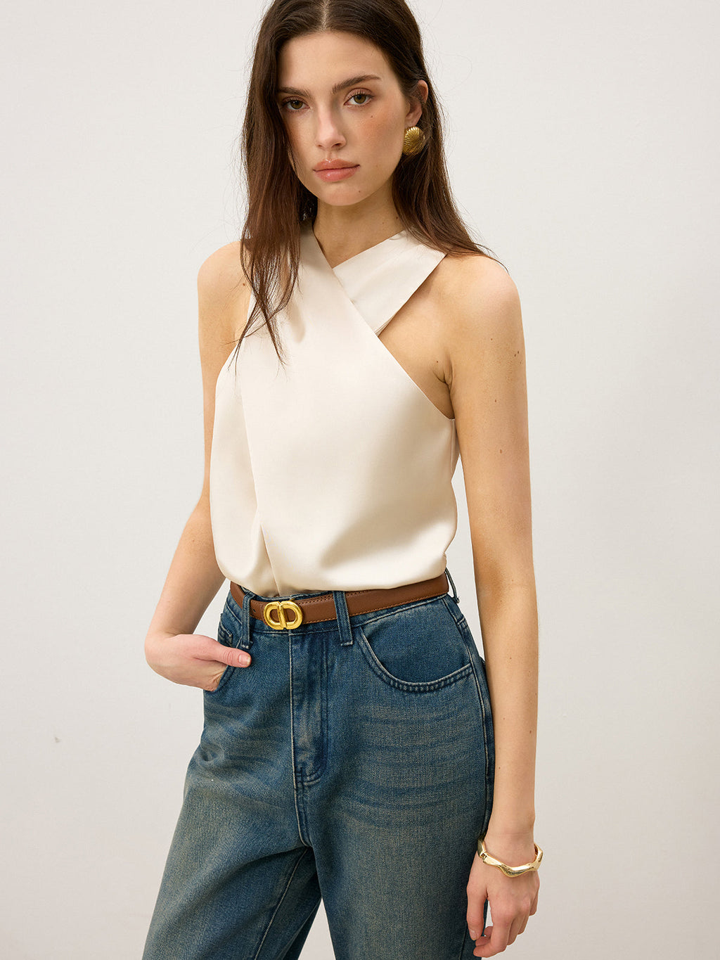 Satin Cross-Over Collar Tank Top