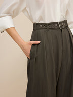 Army Green Belted Pleated Wide-Leg Pants