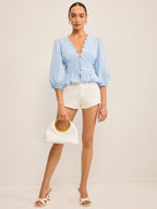 Scalloped V-Neck Peplum Top with Puff Sleeves