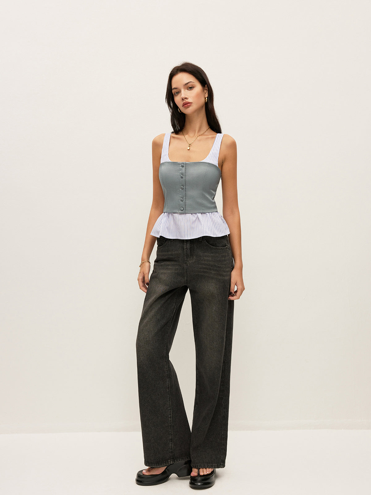 Striped & Solid Peplum Buttoned Top