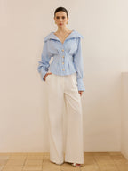 Striped Collared Shirt with Waist-Cinching Design