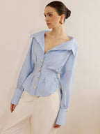 Striped Collared Shirt with Waist-Cinching Design
