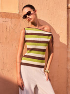 One-Shoulder Striped Knit Top with Tie Detail