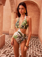 Tropical Print Halter Neck Cut-Out One-Piece Swimsuit