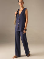 Golden Button Knit Vest Pants Set