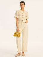 Semi-Sheer Jacquard Metal Button Cotton-Blend Top