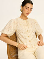 Semi-Sheer Jacquard Metal Button Cotton-Blend Top