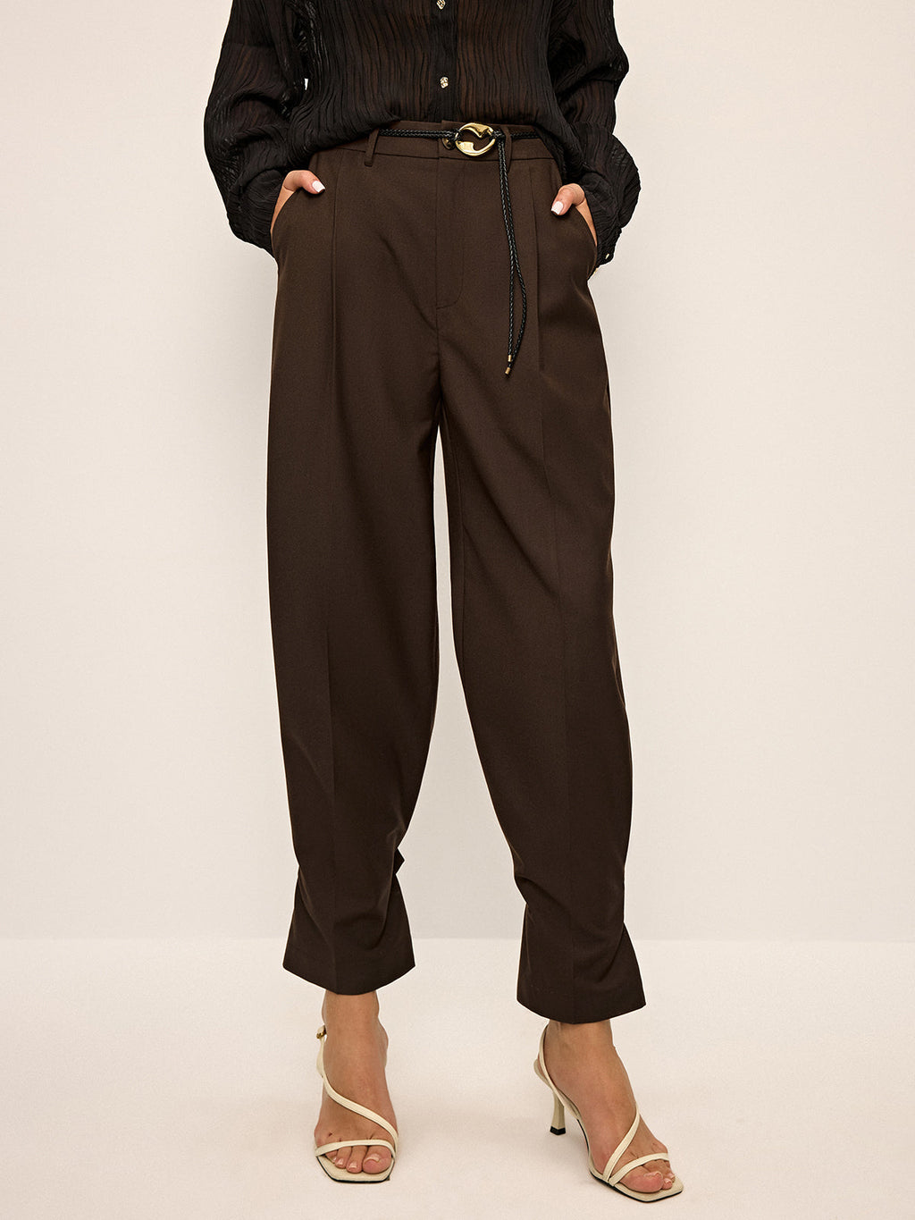 Pleated Wide-Leg Pants with Ankle Button Detail