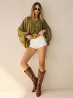 Semi-Sheer Striped Lace-Up Blouse with Batwing Sleeves