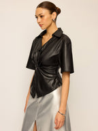 PU Leather Short Sleeve Twisted Blouse