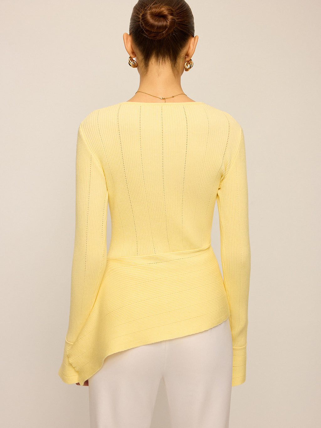Asymmetric Hem Flare Sleeve Eyelet Sweater