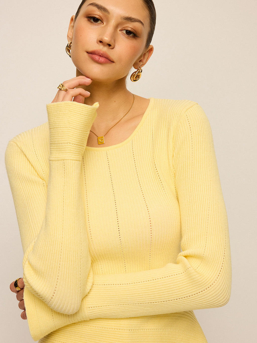 Asymmetric Hem Flare Sleeve Eyelet Sweater