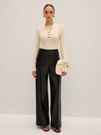 Wool Blend Ribbed Polo Knit Top