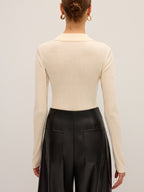 Wool Blend Ribbed Polo Knit Top