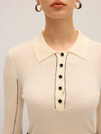 Wool Blend Ribbed Polo Knit Top