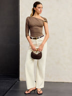 Asymmetrical One-Shoulder Ruched Top with Metal Accent