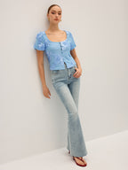 Floral Embroidered Square Neck Mesh Top