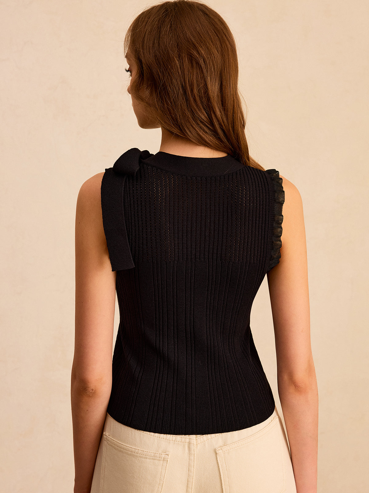 Bow Ribbed Knit Sleeveless Top