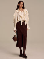 Ruffled Lace Trim Bell Sleeve Shirt