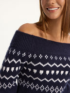Off-Shoulder Fair Isle Knit Sweater