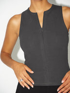 Cotton Blend Ribbed Zip-Front Sleeveless Top