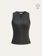 Cotton Blend Ribbed Zip-Front Sleeveless Top