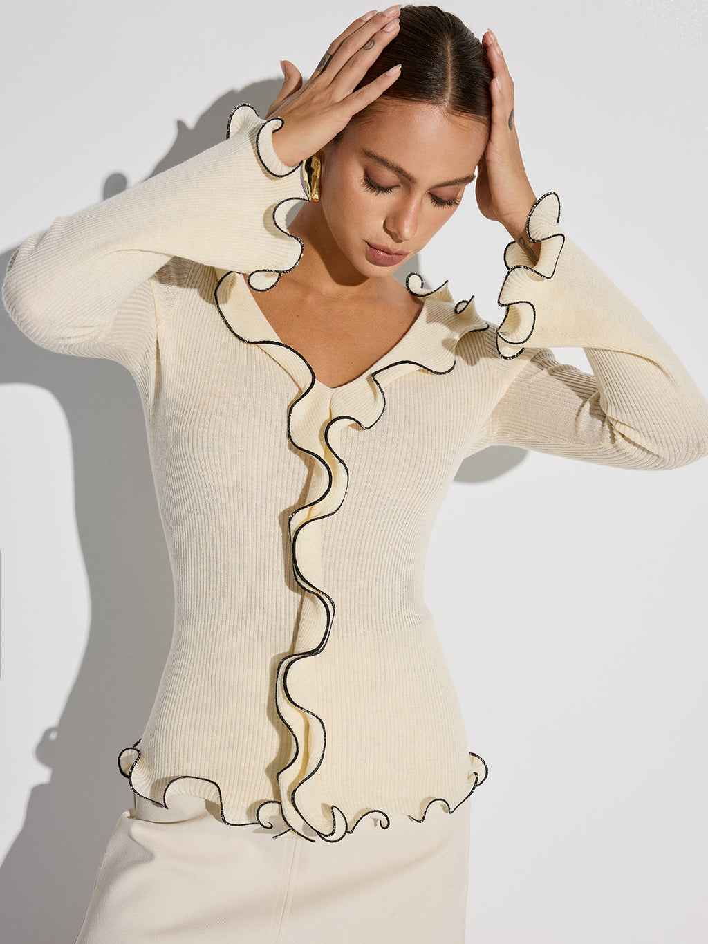 Contrast Trim Ruffled Sweater