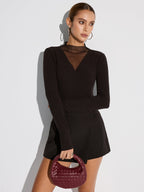 Sheer Mesh Neckline Ribbed Blouse