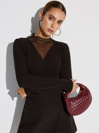 Sheer Mesh Neckline Ribbed Blouse