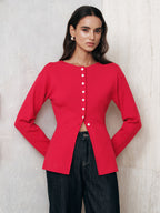 Button-Front Long Sleeve Knit Top